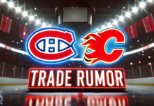 Montreal Canadiens and Calgary Flames logo with the words trade rumor below the logos