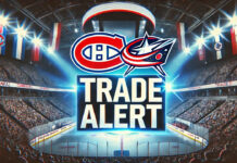 Montreal Canadiens and Columbus Blue Jackets logos with the words trade alert below the logos