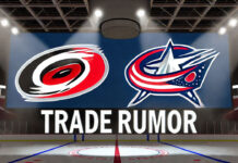 Carolina Hurricanes and Columbus Blue Jackets logo with the words trade rumor below the logo