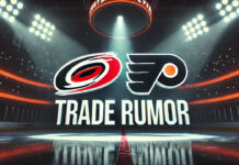 Carolina Hurricanes and Philadelphia Flyers logos with the words trade rumor below the logos