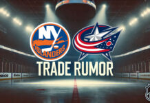 New York Islanders and Columbus Blue Jackets logos with the words trade rumor below the logos