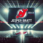 Jesper Bratt’s 2024-25 Fantasy Outlook: Can He Break 90 Points? New Jersey Devils logo with the words Jesper Bratt Point Projections 2024-25 below the logo