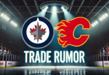 Winnipeg Jets and Calgary Flames logos with the words trade rumor below the logos