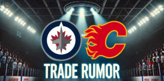 Winnipeg Jets and Calgary Flames logos with the words trade rumor below the logos