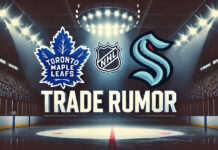 Toronto Maple Leafs and Seattle Kraken logos with the words trade rumor below the logos