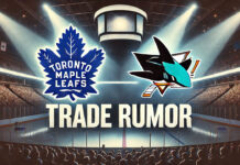 Toronto Maple Leafs and San Jose Sharks logos with the words trade rumor below the logos