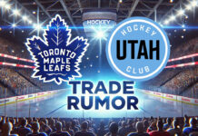 Toronto Maple Leafs and Utah Hockey Club logos with the words trade rumor below the logo