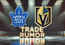 Toronto Maple Leafs and Vegas Golden Knights logos with the words trade rumor below the logos