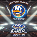 Mathew Barzal’s 2024-25 Season: Point Projections and Fantasy Insight New York Islanders logo with the words Mathew Barzal Point Projection 2024-25