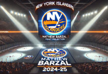 New York Islanders logo with the words Mathew Barzal Point Projection 2024-25