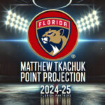 Matthew Tkachuk: Projected Points for the 2024-25 NHL Season Florida Panthers logo with the words Matthew Tkachuk point projection 2024-25 below the logo
