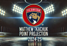Florida Panthers logo with the words Matthew Tkachuk point projection 2024-25 below the logo