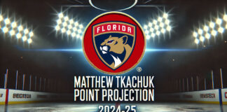 Florida Panthers logo with the words Matthew Tkachuk point projection 2024-25 below the logo
