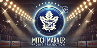 Toronto Maple Leafs logo with the words Mitch Marner point projection 2024-25