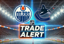 Edmonton oilers and Vancouver Canucks logo with the words trade alert below the logos