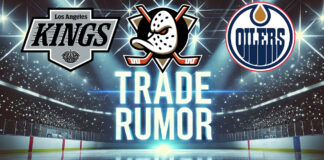 LA Kings, Anaheim Ducks and Edmonton Oilers logos with the words trade rumor below the logo