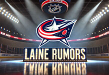 Columbus Blue Jackets logo with the words Laine rumors below the logo