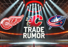 Detroit Red Wings, Calgary Flames, and Columbus Blue Jackets logo with the words trade rumor below the logos