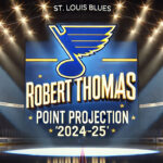Robert Thomas Point Projections for the 2024-25 NHL Season St. Louis Blues logo with the words Robert Thomas Point Projection 2024-25
