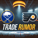Sabres Fuel Playoff Push: Joel Farabee Trade Buzz Intensifies Buffalo Sabres and Philadelphia Flyers logos with the words NHL trade rumors below the logos
