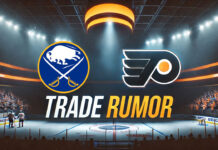 Buffalo Sabres and Philadelphia Flyers logos with the words NHL trade rumors below the logos