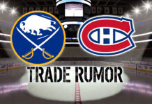 Buffalo Sabres and Montreal Canadiens logos with the words trade rumor below the logos