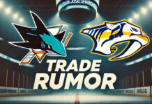 San Jose Sharks and Nashville Predators logos with the words trade rumor below the logos