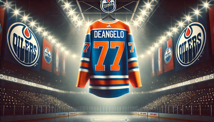 Tony DeAngelo Edmonton oilers jersey hanging from the rafters of the Oilers arena.