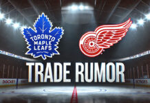 Toronto Maple Leafs and Detroit Red Wings logos with the words NHL trade rumors below the logos