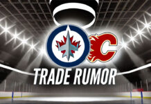 Winnipeg Jets, Calgary Flames logos with the words trade rumor below the logos