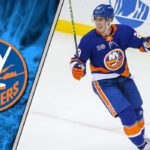 Brock Nelson in an Islanders jersey, skating with the puck.