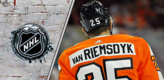 James van Riemsdyk skating with the puck during an NHL game