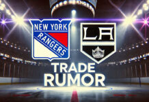 LA Kings and New York Rangers logos with the words NHL trade rumors below the logo