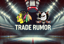 Chicago Blackhawks and Anaheim Ducks logos with the words trade rumor below the logos.