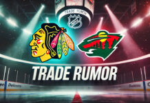 Chicago Blackhawks and Minnesota Wild logos side-by-side with the words NHL trade rumors below the logos