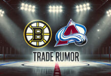 Boston Bruins and Colorado Avalanche logos with the words trade rumor below the logos