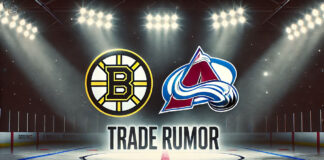 Boston Bruins and Colorado Avalanche logos with the words trade rumor below the logos