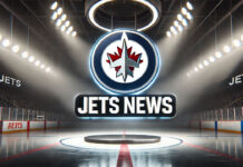Winnipeg Jets logo with the words Jets news below the logo with a background of a hockey rink