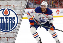 Connor McDavid in an Edmonton Oilers jersey, skating with the puck