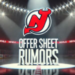 Dawson Mercer’s Future with Devils in Limbo: Offer Sheet Speculation Heats Up New Jersey Devils logo with the words offer sheet rumors below the logo