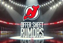 New Jersey Devils logo with the words offer sheet rumors below the logo