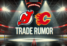New Jersey Devils and Calgary Flames logo with the words trade rumor below the logos