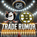 Swayman for Gibson: Is a Ducks-Bruins Goalie Swap Brewing? Anaheim Ducks and Boston Bruins logos side-by-side with the words NHL trade rumors below the logos