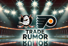 Anaheim Ducks and Philadelphia Flyers logos side-by-side with the words NHL trade rumors below the logos