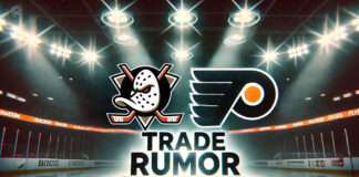 Anaheim Ducks and Philadelphia Flyers logos side-by-side with the words NHL trade rumors below the logos