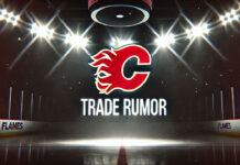 Calgary Flames logo with the words trade rumor below the logo
