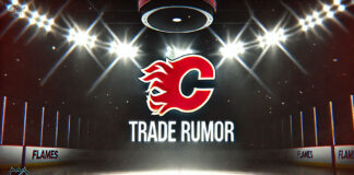 Calgary Flames logo with the words trade rumor below the logo