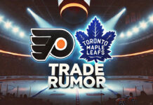 Philadelphia Flyers and Toronto Maple Leafs logos with the words trade rumor below the logos