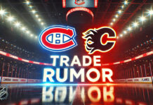 Montreal Canadiens and Calgary Flames logo with the words trade rumor below the logos