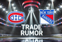 Montreal Canadiens and New York Rangers logo with the words NHL trade Rumors below the logos